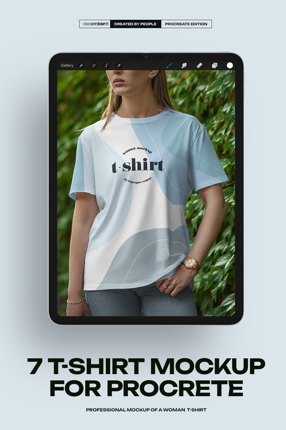 7 Mockups T-Shirt on a Girl Walking in the Green Street for Procreate pinterest preview image.