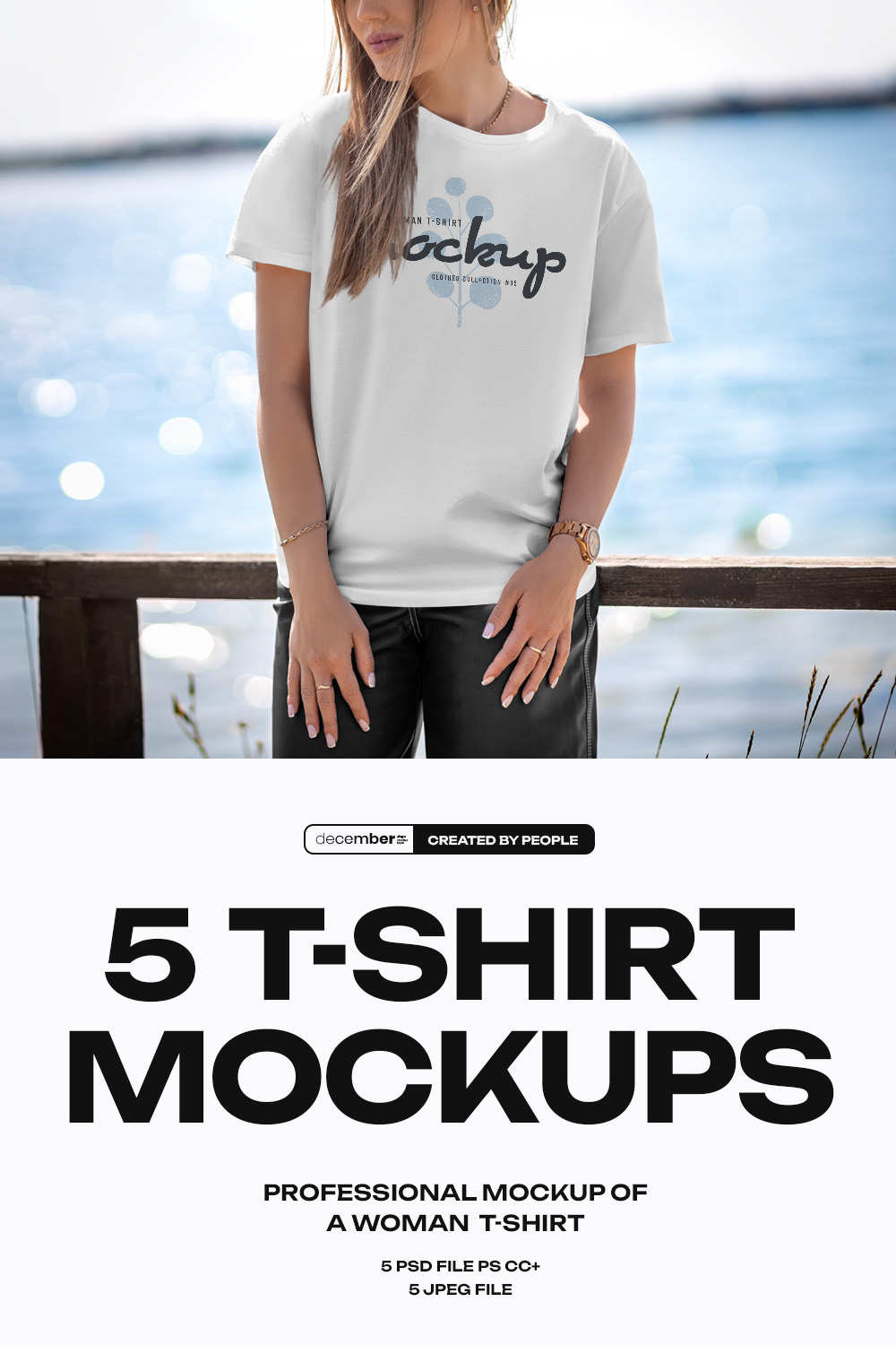 5 Mockups T-Shirt on a Girl in the Outdoor pinterest preview image.