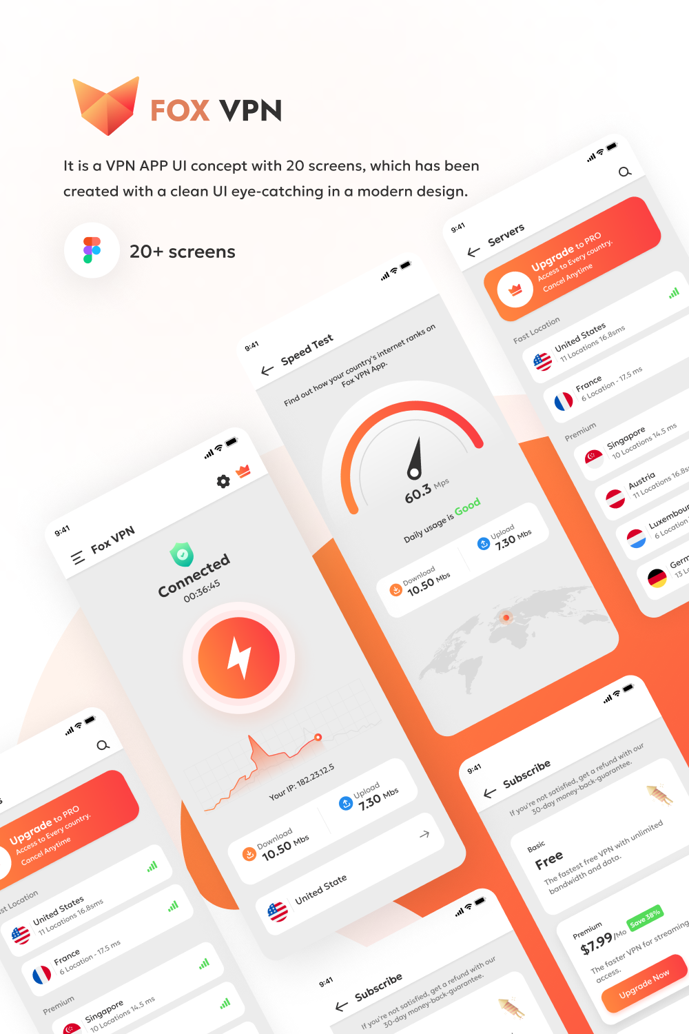 VPN Connecting App Template - 20+ Screens in Figma Format pinterest preview image.