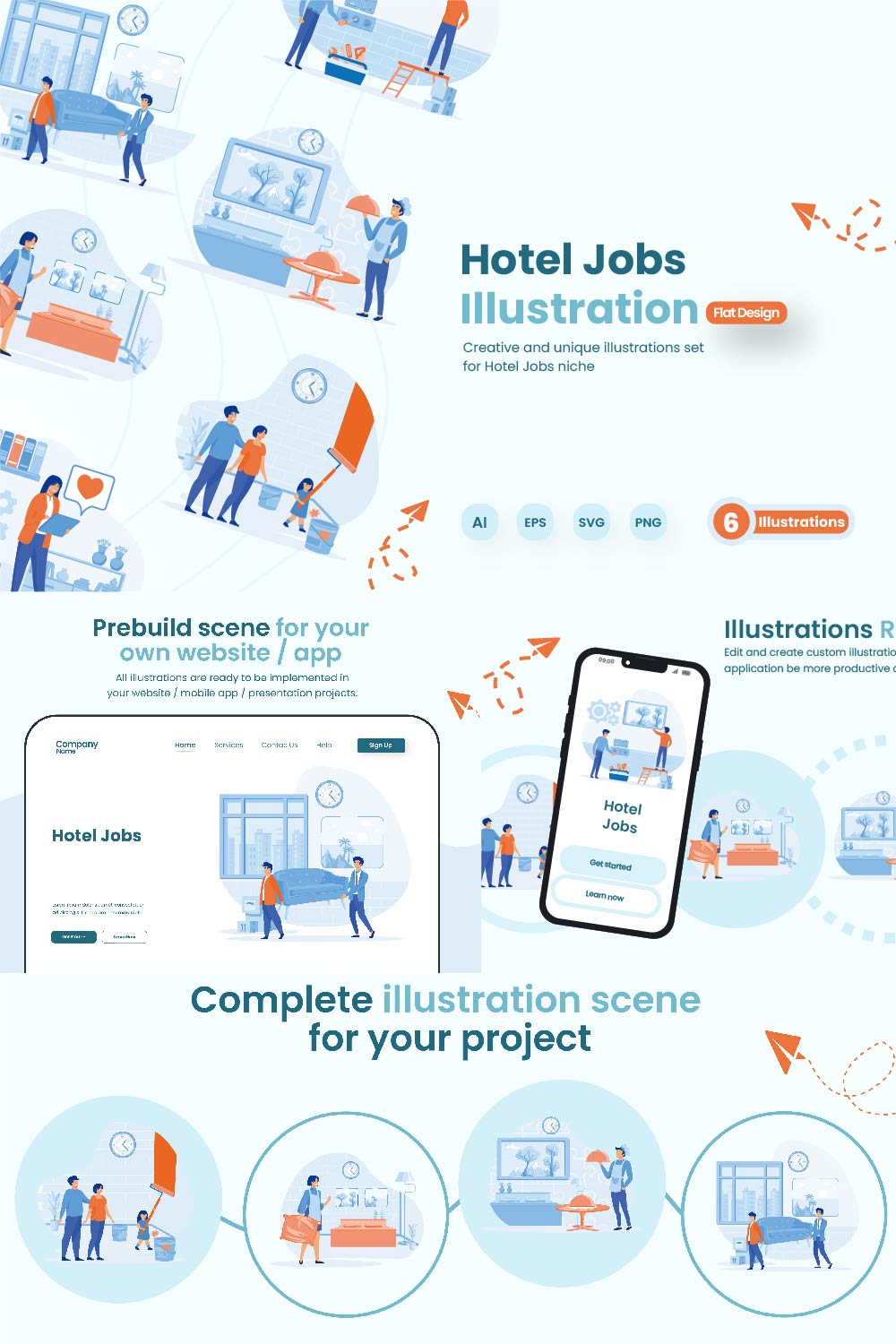 6 Illustrations Related to Activities & Work in Hotels pinterest preview image.