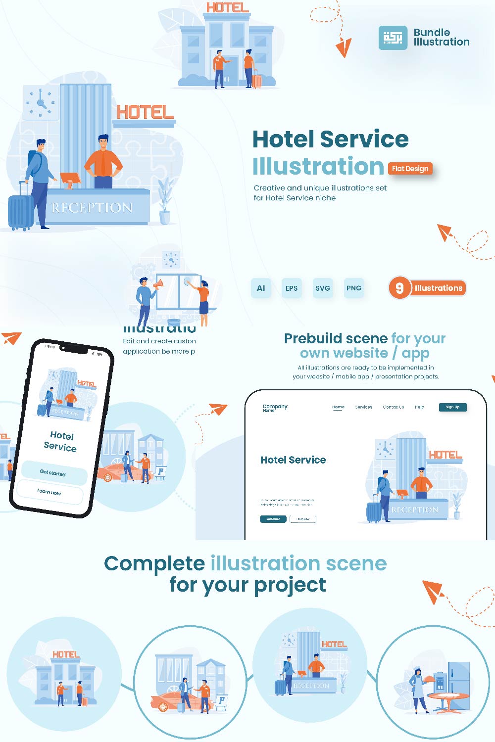 6 Illustrations Related to Hotel Services pinterest preview image.