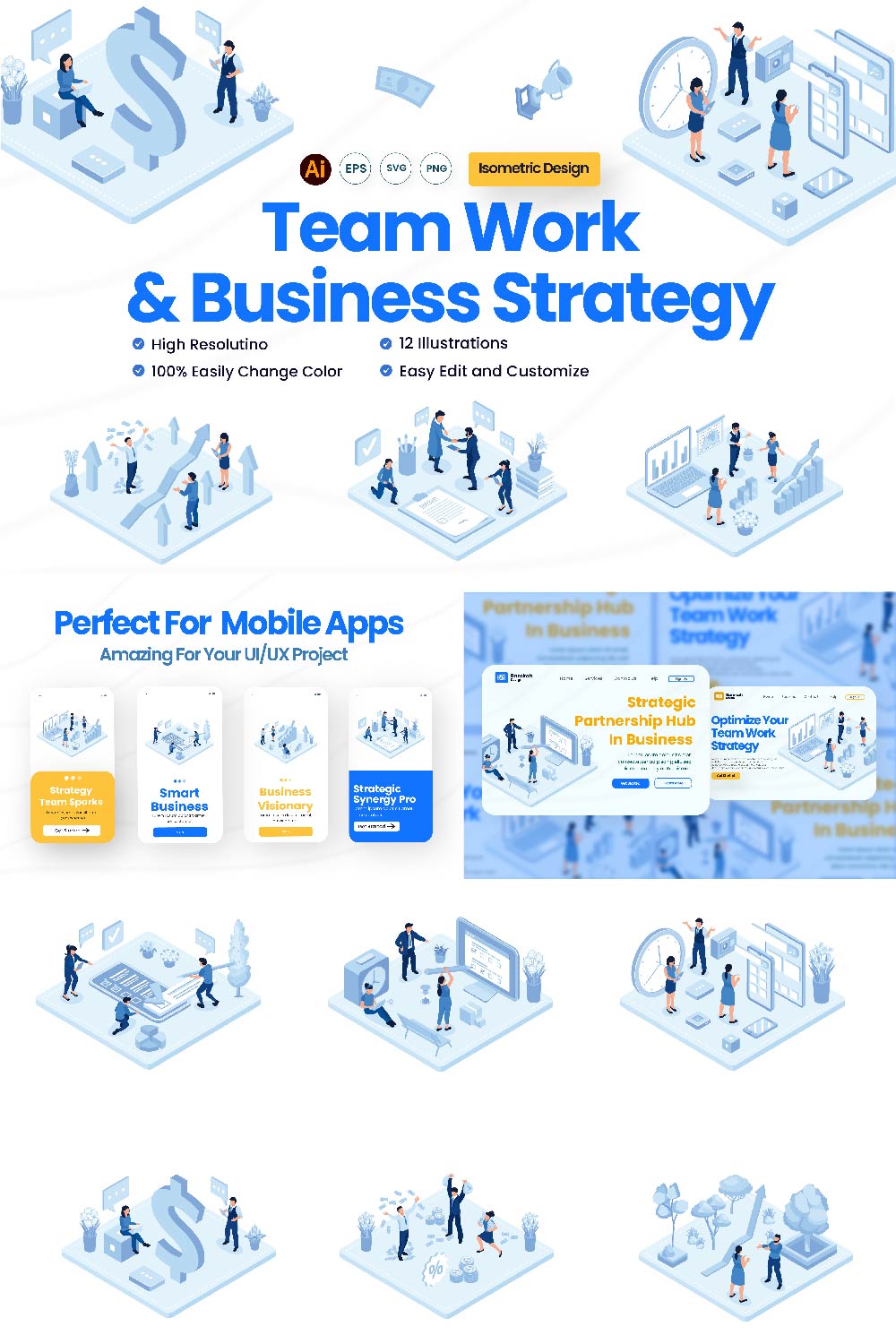 Team Work & Business Strategy Illustration Design pinterest preview image.