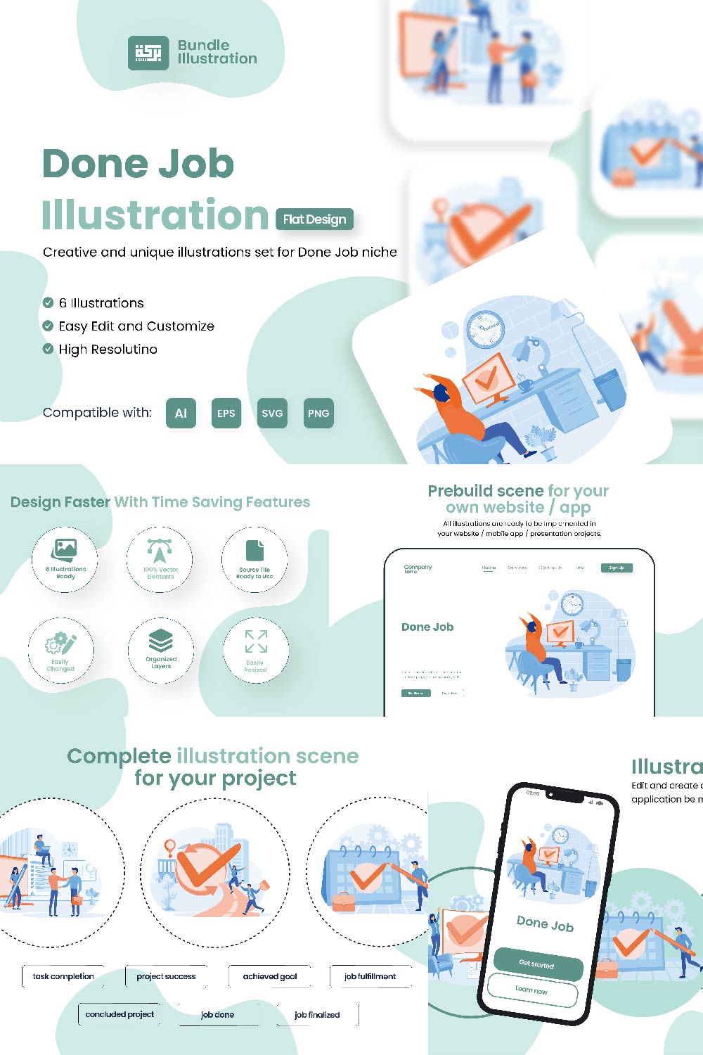 6 Illustrations Related to Done Job pinterest preview image.