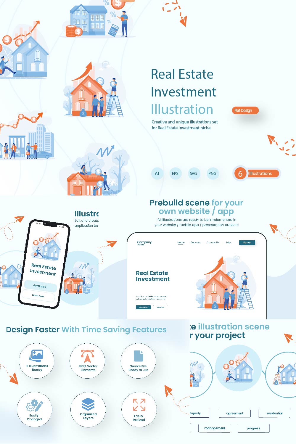 6 Illustration Designs Related to Real Estate Investment pinterest preview image.