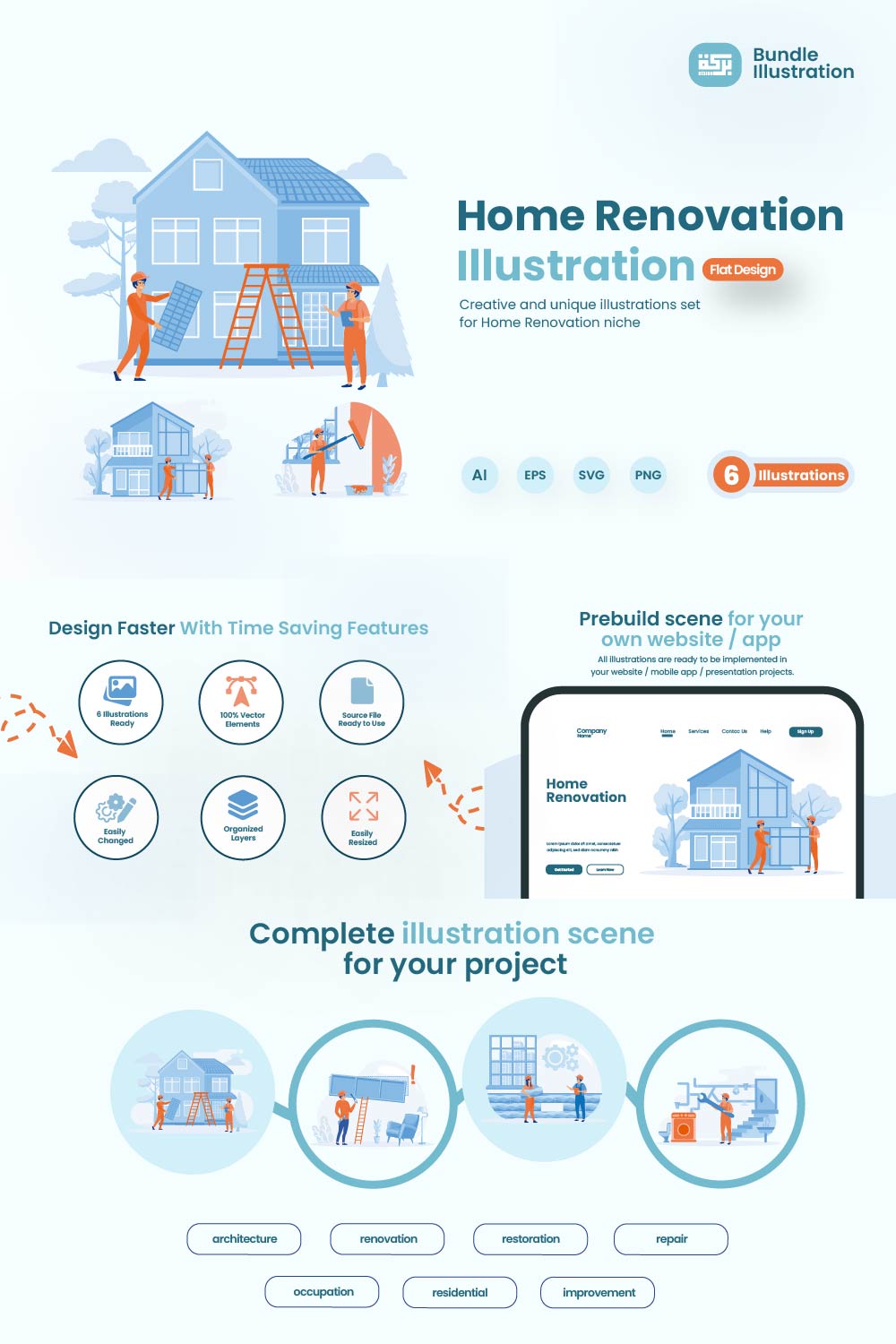 Home Renovation Scene Illustration Design pinterest preview image.