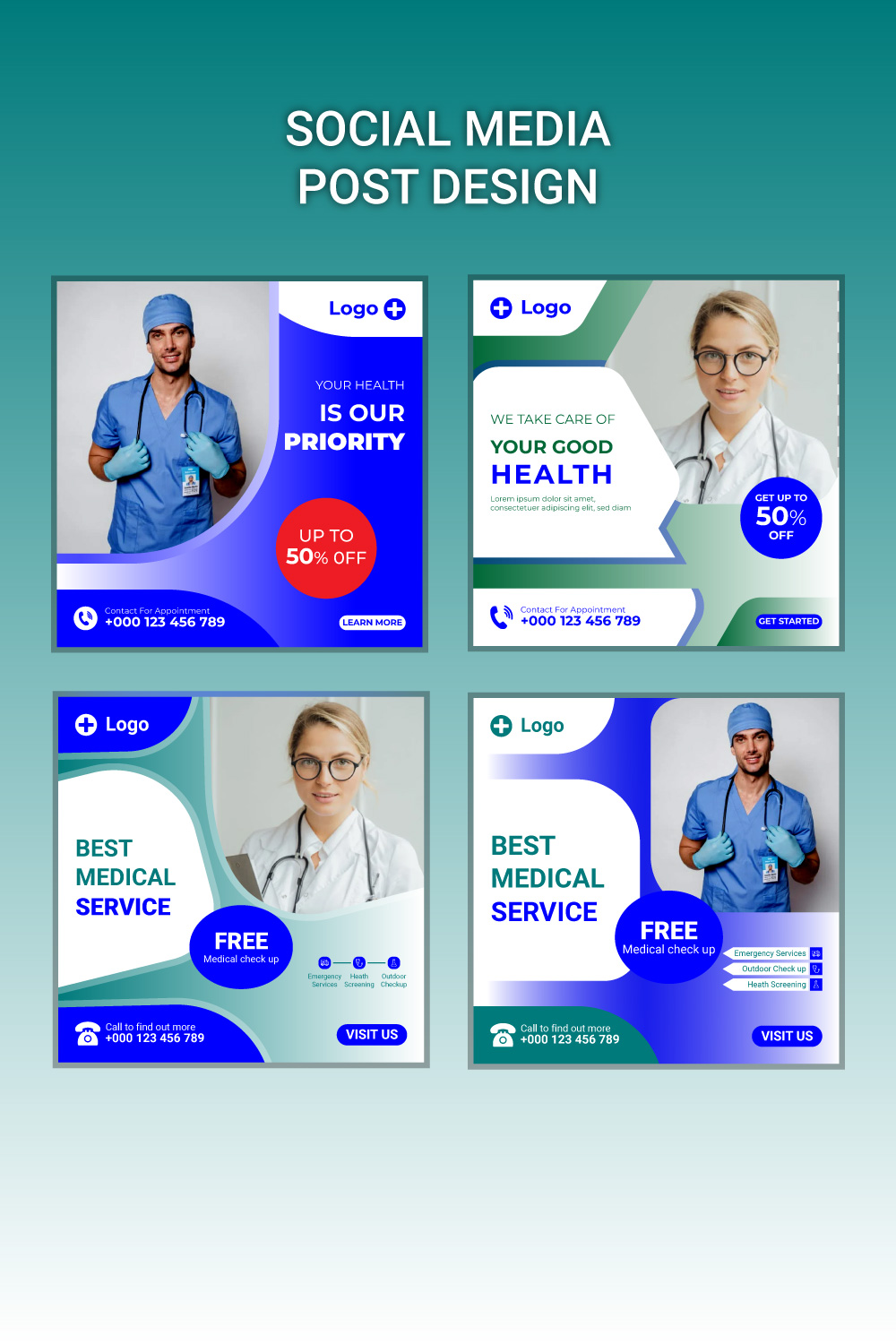 Medical and Healthcare Social Media Posts Design Template pinterest preview image.