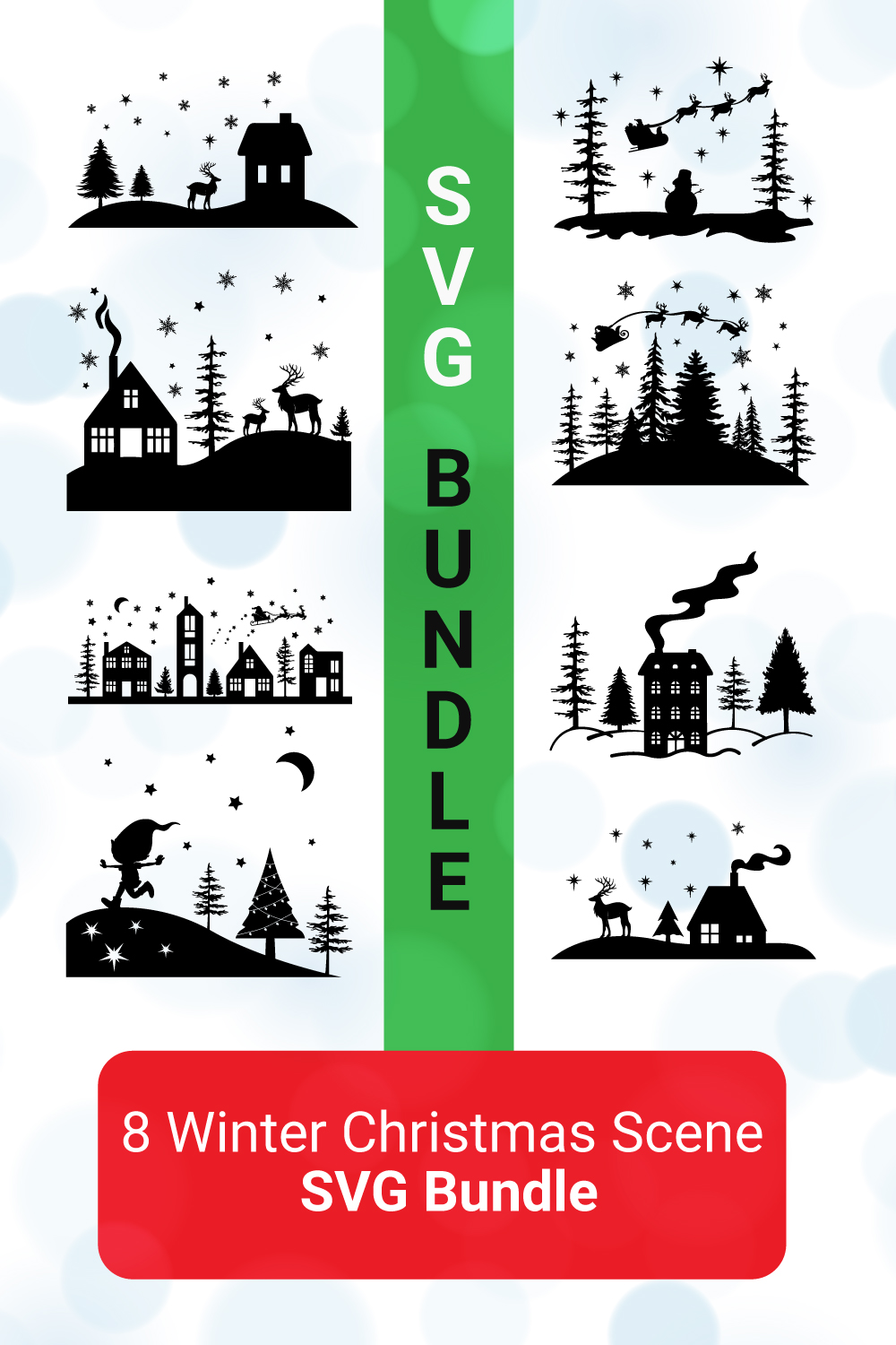 Festive Christmas SVG Design Bundle, Enchanting Winter Landscape SVG Bundle with Santa and Reindeer pinterest preview image.