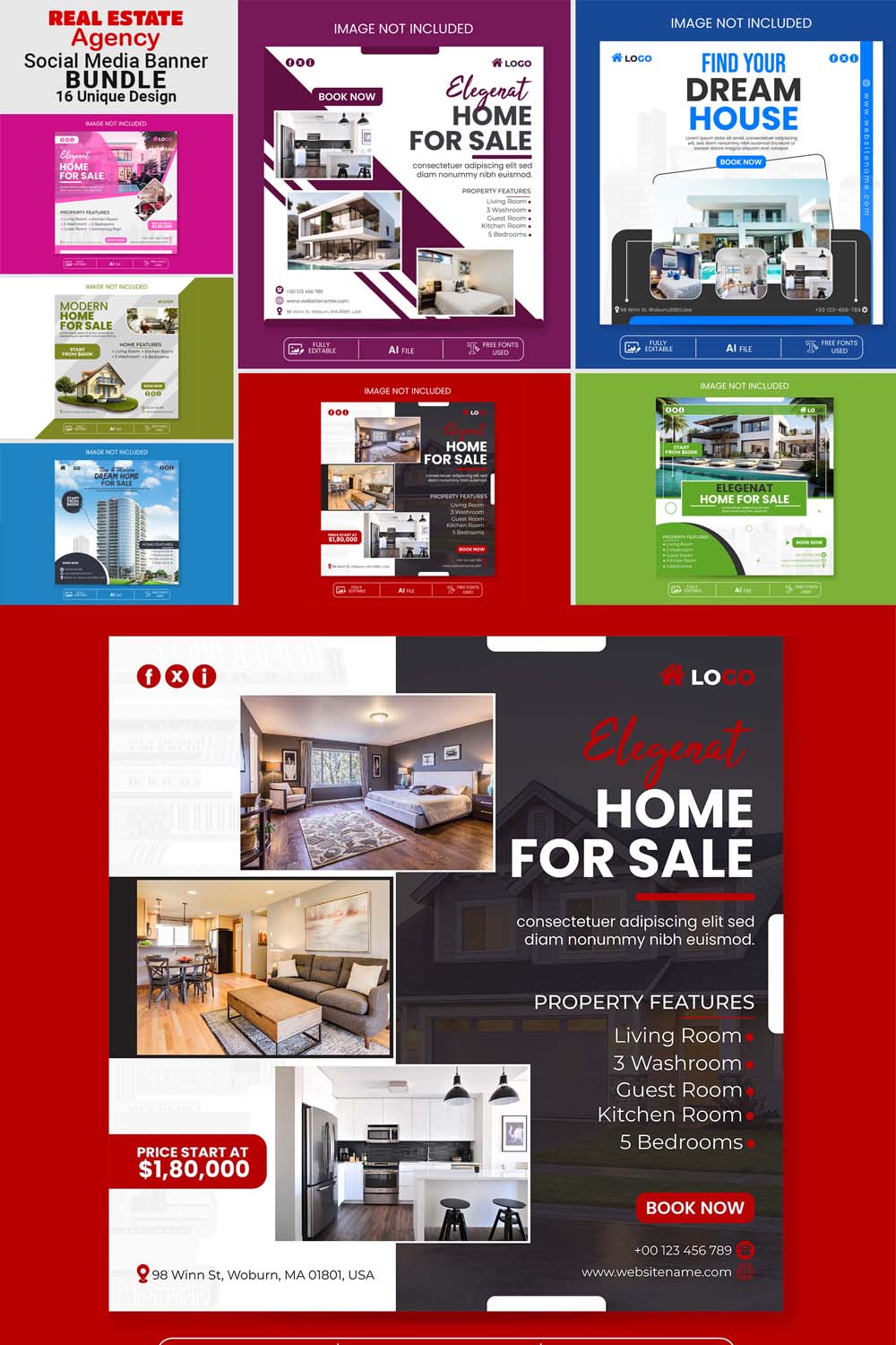 Real estate social media banner pinterest preview image.