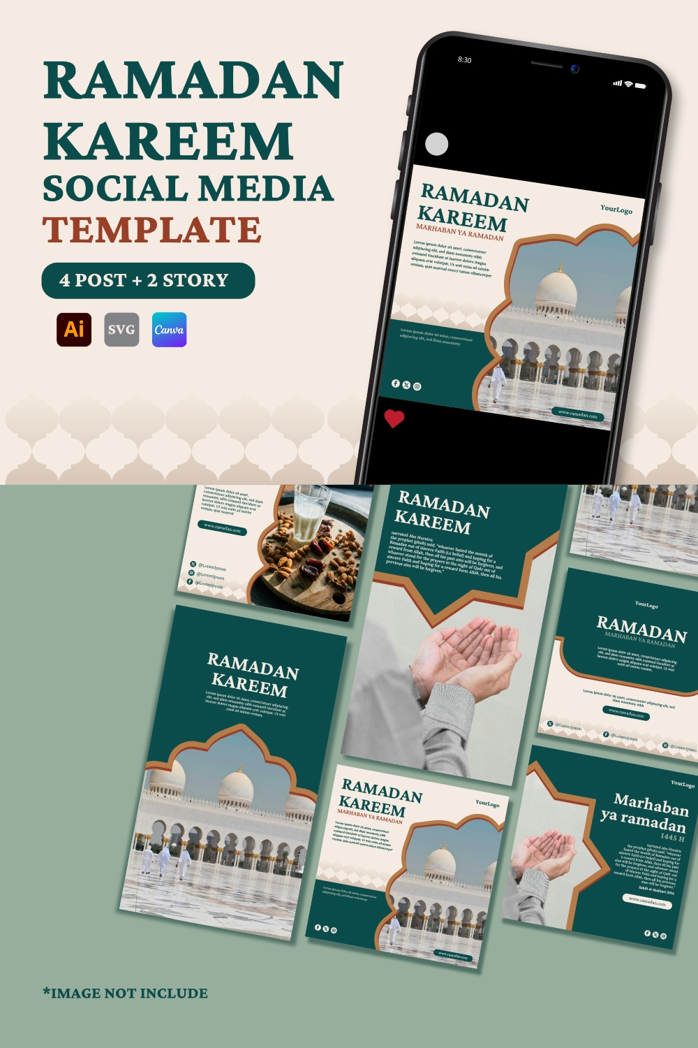 Ramadan Kareem Social Media Instagram template set, 4 Square + 2 story pinterest preview image.