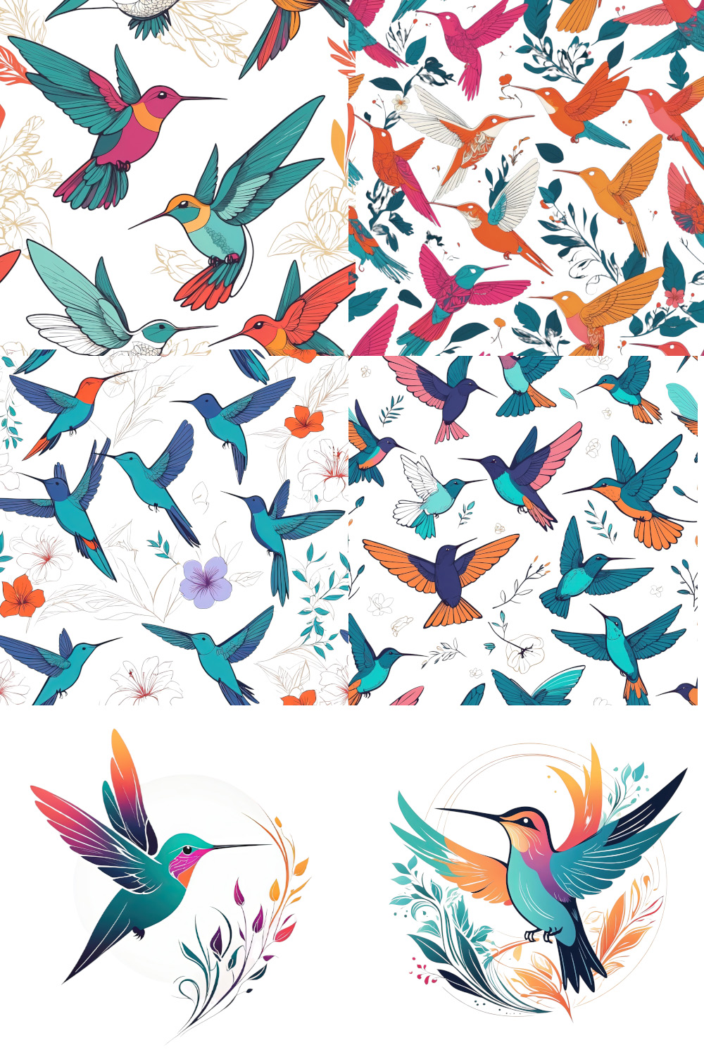 Colibri birds with floral leaves in boho style design bundle pinterest preview image.