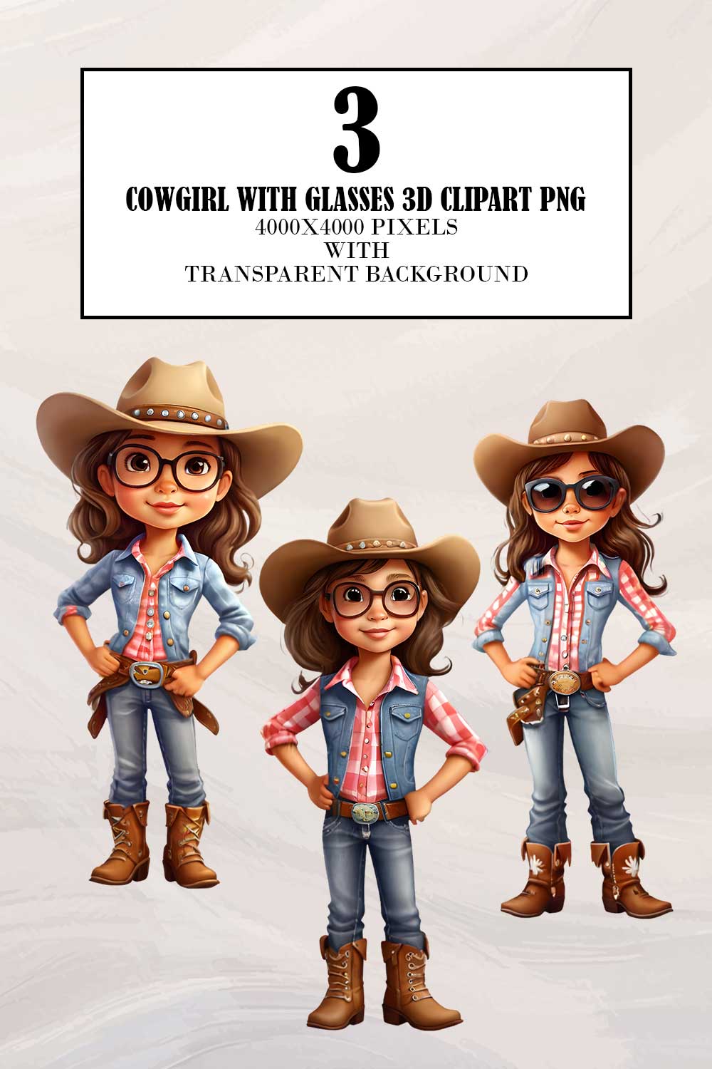 Cowgirl with glasses 3d Clipart pinterest preview image.