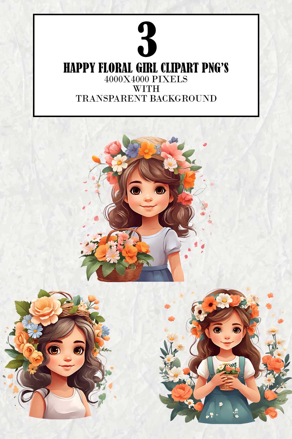 Happy Floral Girl Pack 2 Cliparts pinterest preview image.