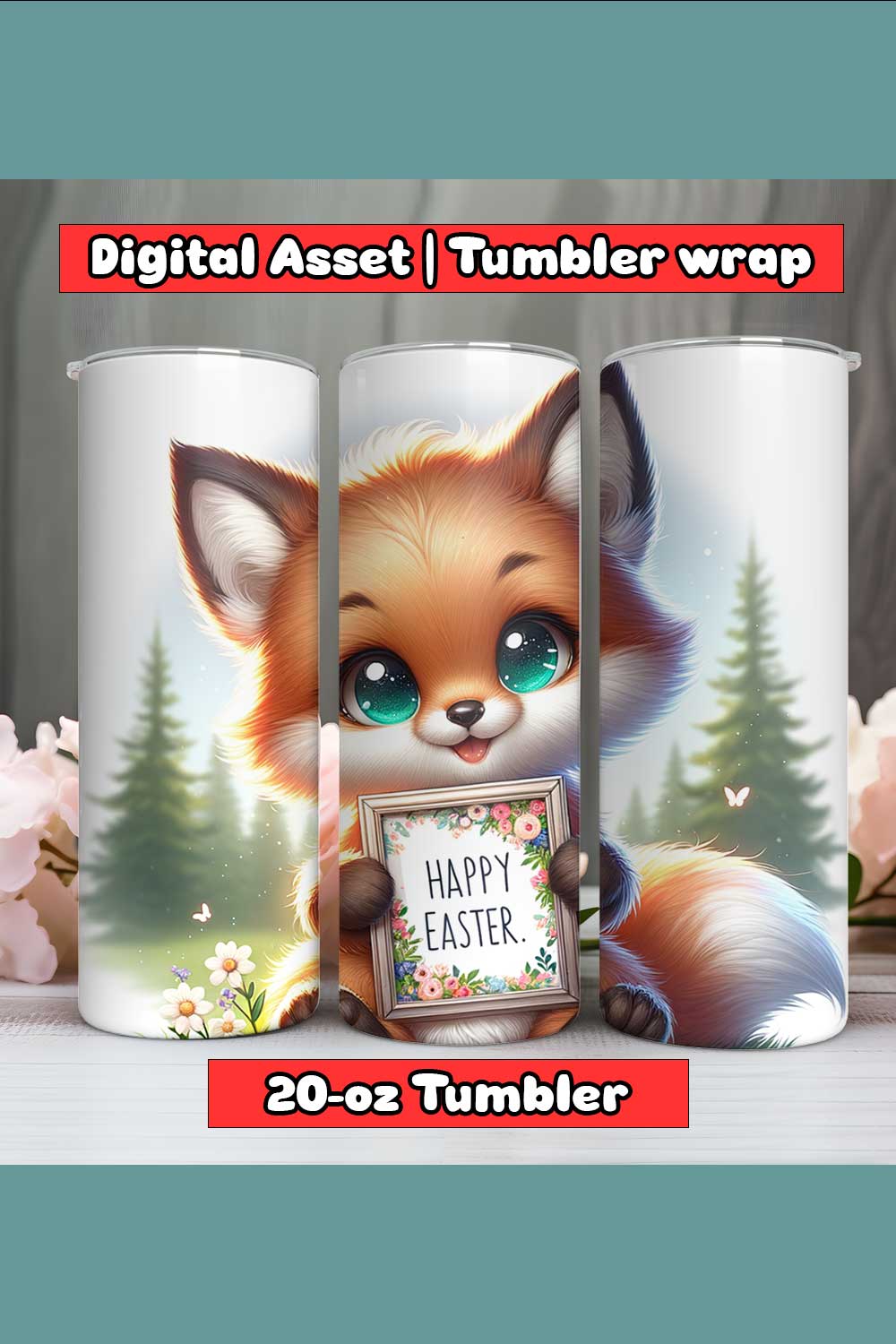 Fox Happy Easter Tumbler Wrap | 20-oz | PNG pinterest preview image.
