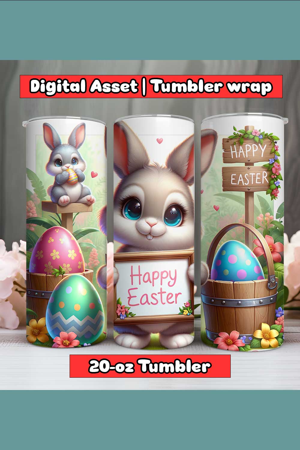 Rabbit with Bucket Happy Easter Tumbler Wrap | 20-oz | PNG pinterest preview image.