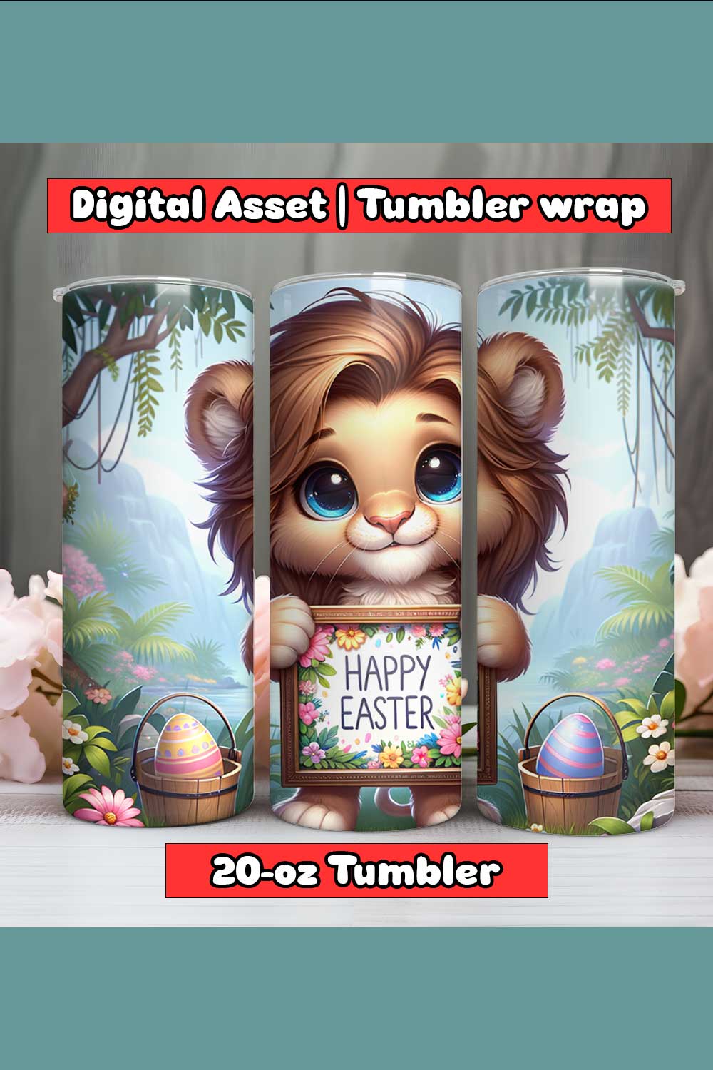 Female Lion Happy Easter Tumbler Wrap | 20-oz | PNG pinterest preview image.