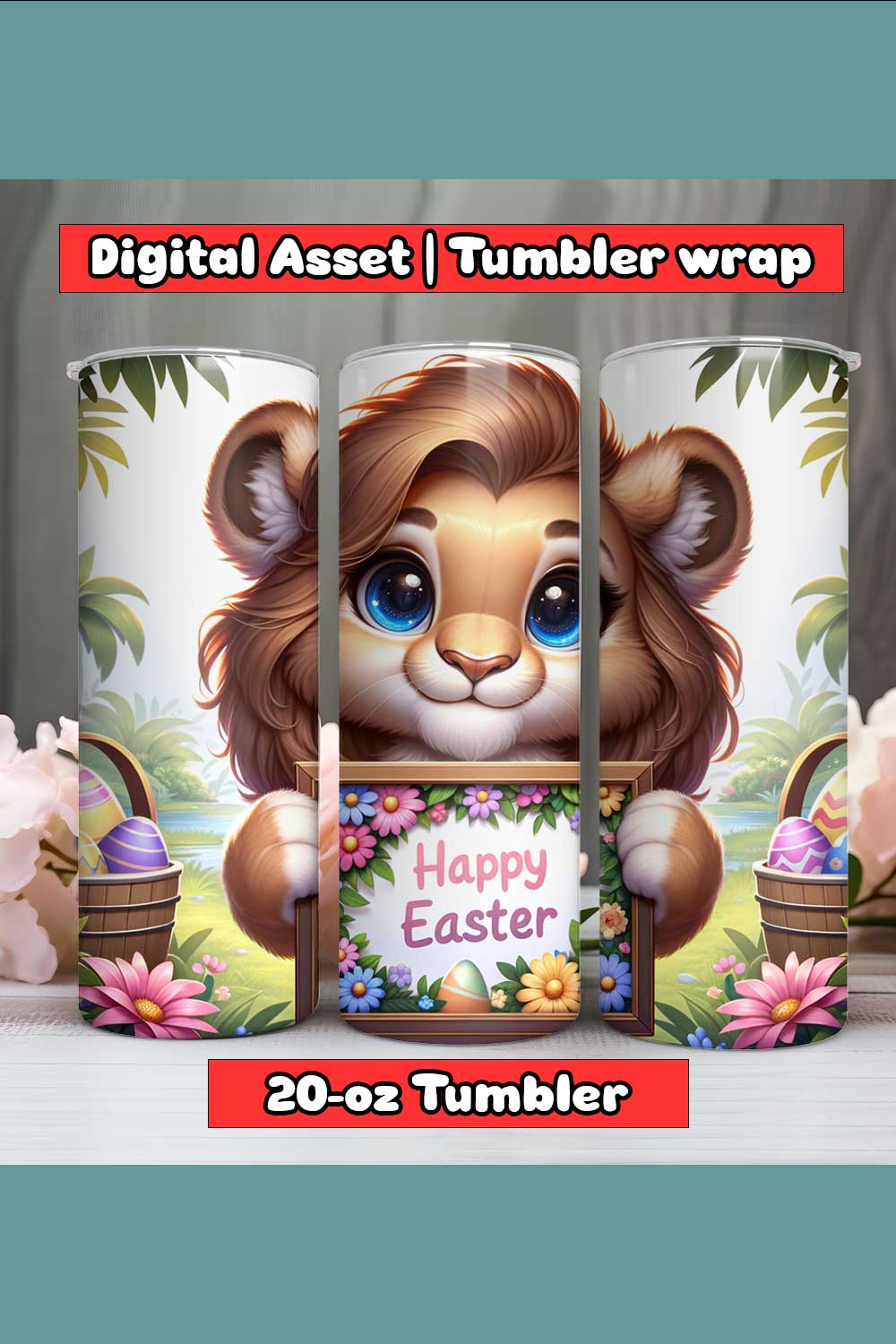 female Lion Happy Easter Tumbler Wrap | 20-oz | PNG pinterest preview image.