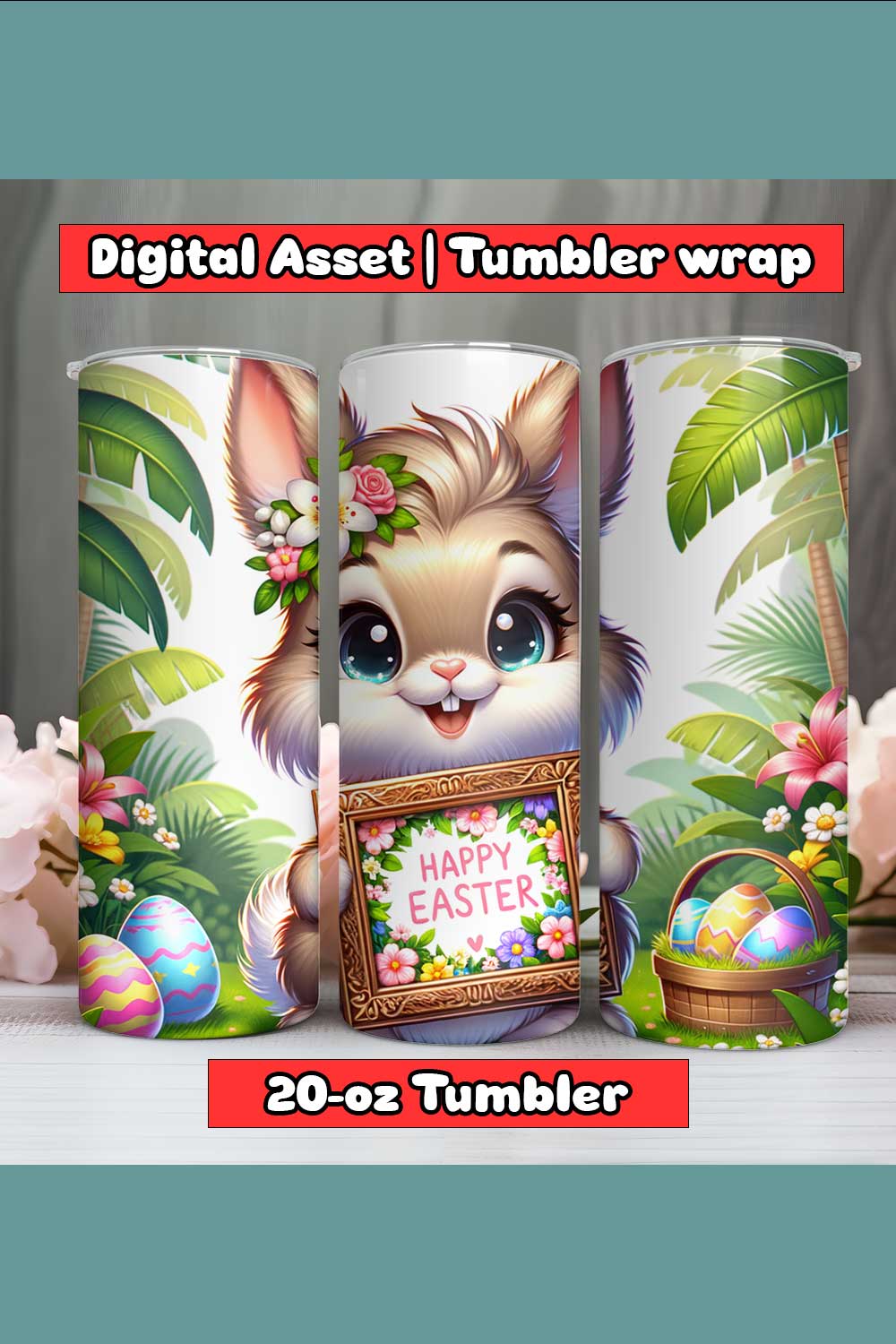 Rabbit Lion Happy Easter Tumbler Wrap | 20-oz | PNG pinterest preview image.