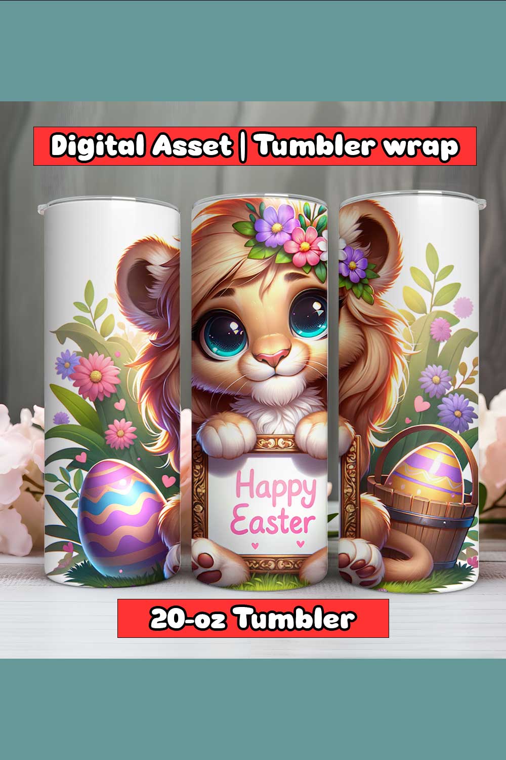 Lion Happy Easter Tumbler Wrap | 20-oz | PNG pinterest preview image.