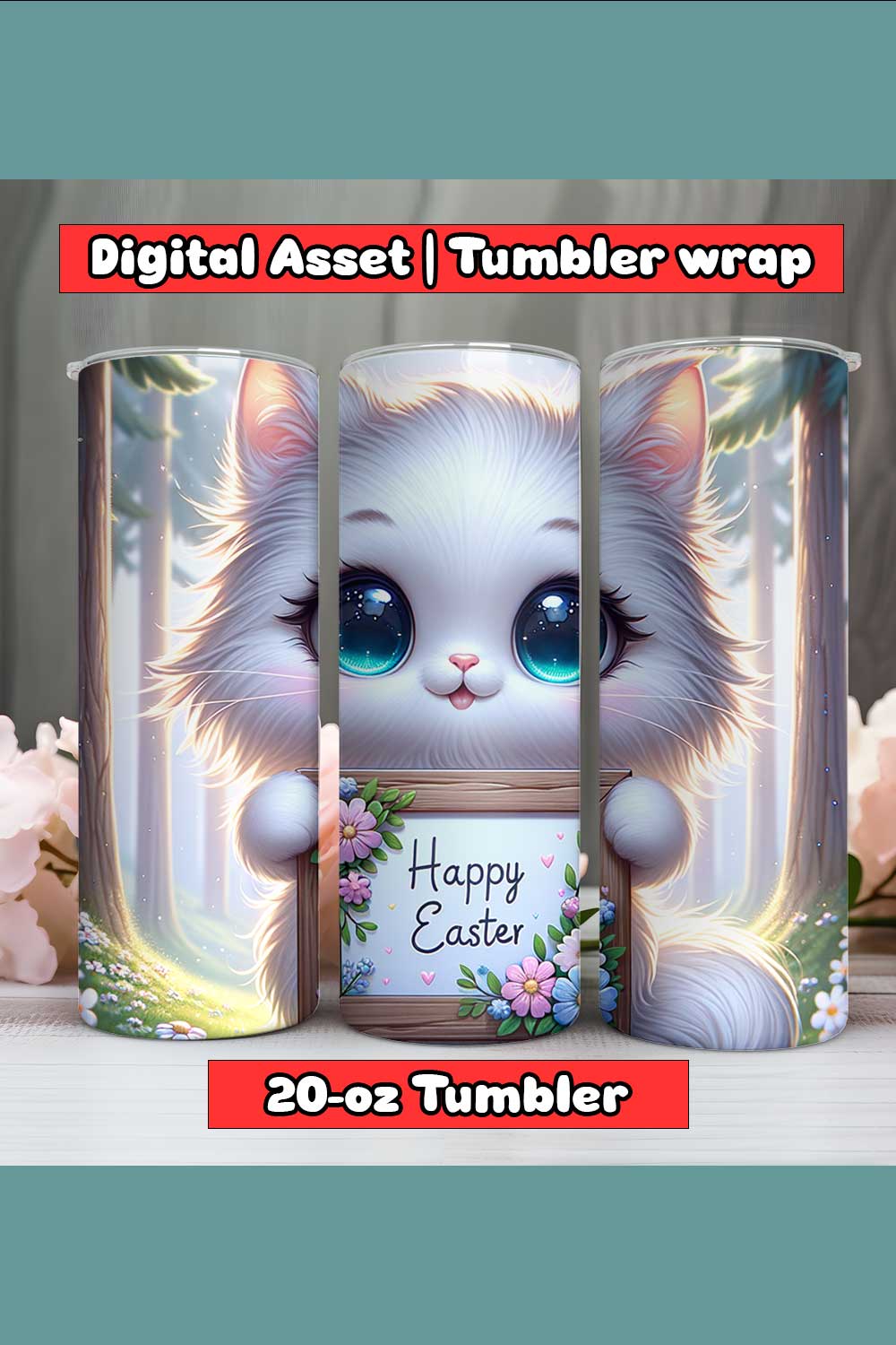 Persian Blue Cat Happy Easter Tumbler Wrap | 20-oz | PNG pinterest preview image.