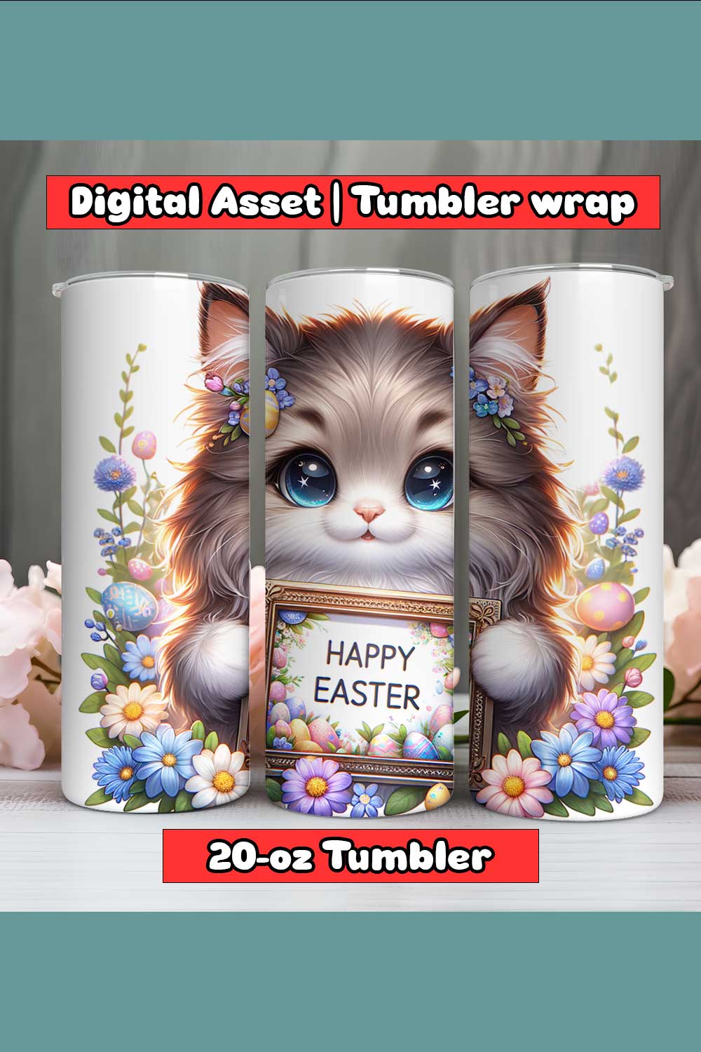 Cat Happy Easter Tumbler Wrap | 20-oz | PNG pinterest preview image.