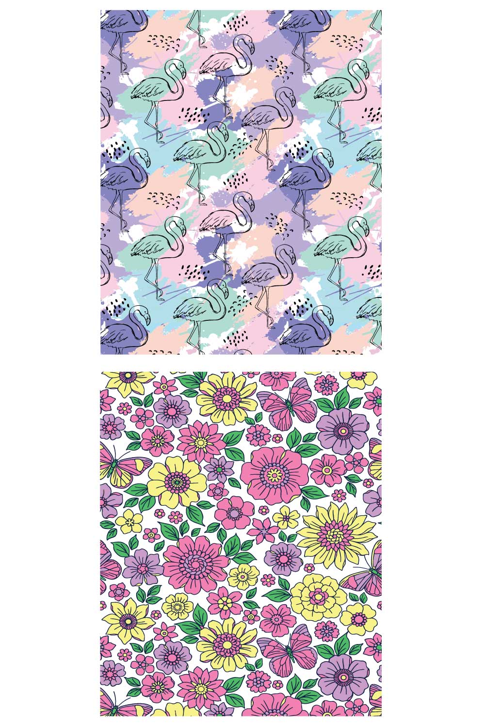 COLORFUL TRENDY FLORAL SEAMLESS PATTERN IN EDITABLE VECTOR FILE pinterest preview image.