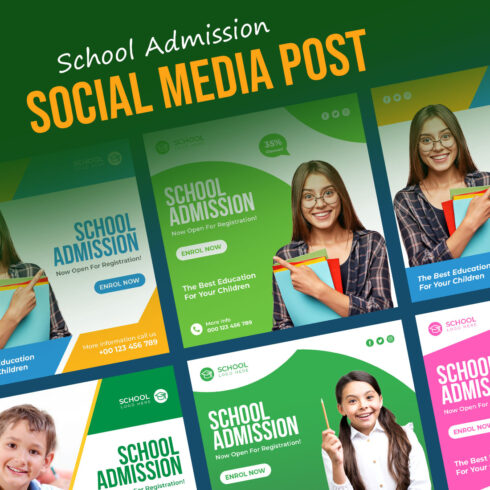 5 School admission social media post template design for Instagram cover image.