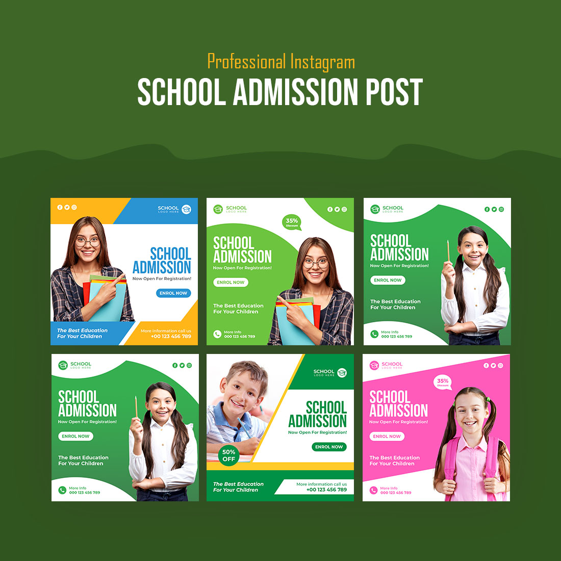 5 School admission social media post template design for Instagram preview image.