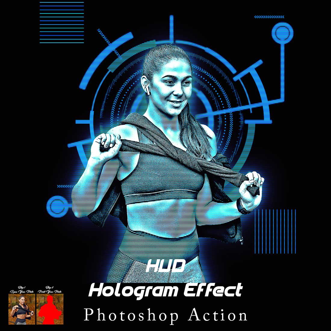 HUD Hologram Effect photoshop Action cover image.