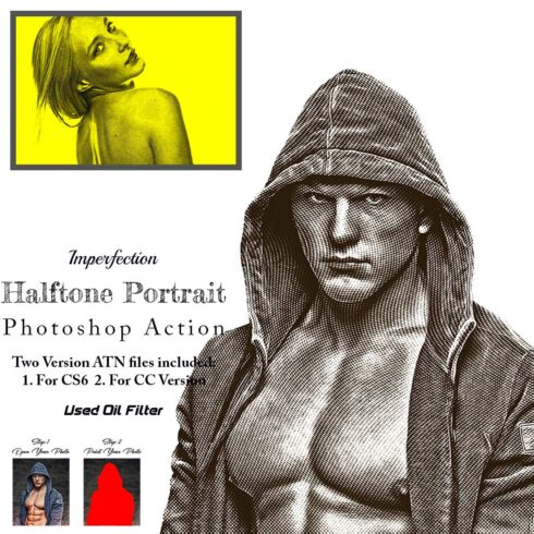 Imperfection Halftone Portrait Photoshop Action cover image.