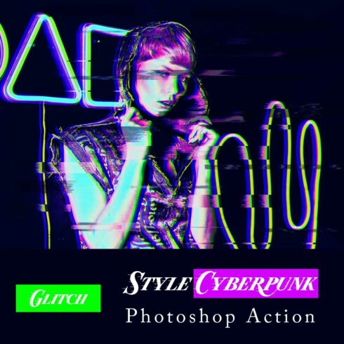 Glitch Style Cyberpunk Photoshop Action cover image.