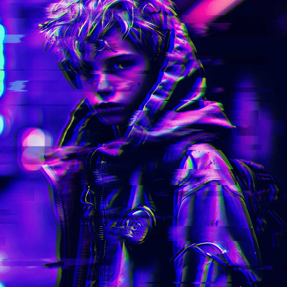 Glitch Style Cyberpunk Photoshop Action preview image.