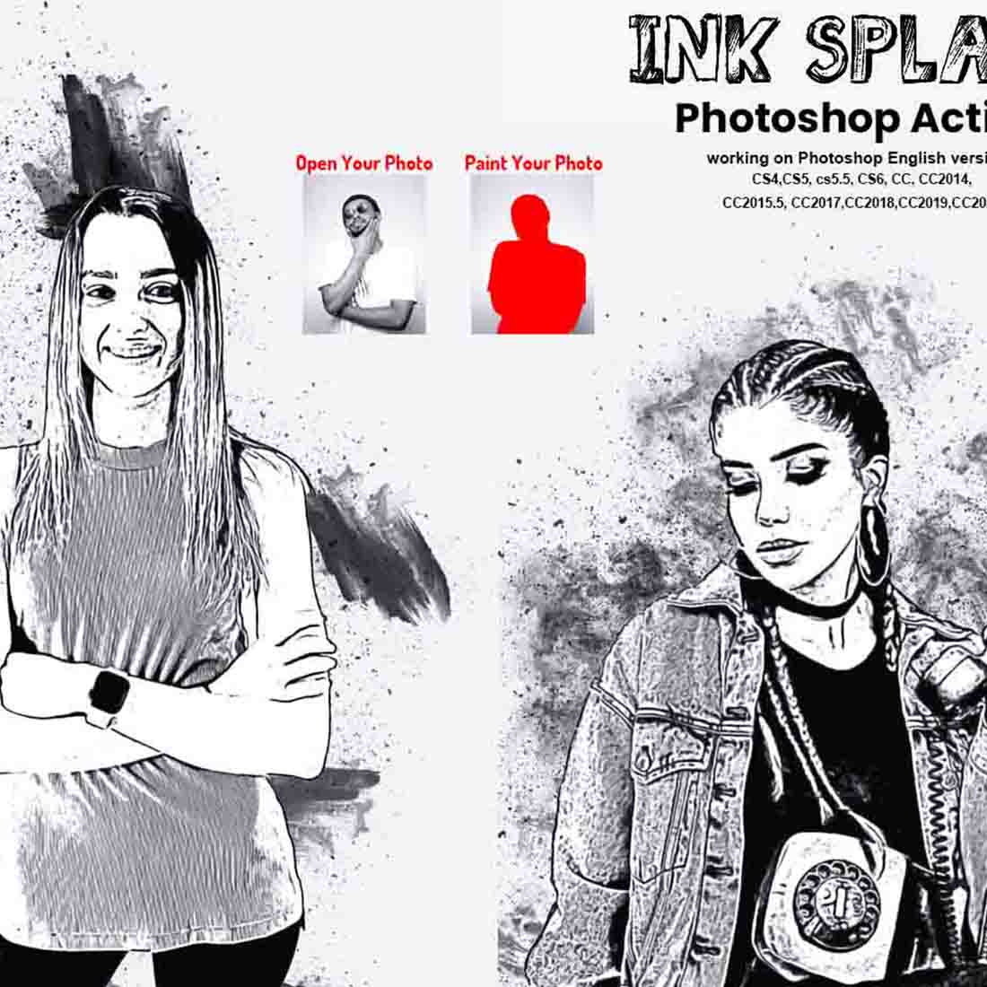 Ink Effect Photoshop Action Bundle preview image.