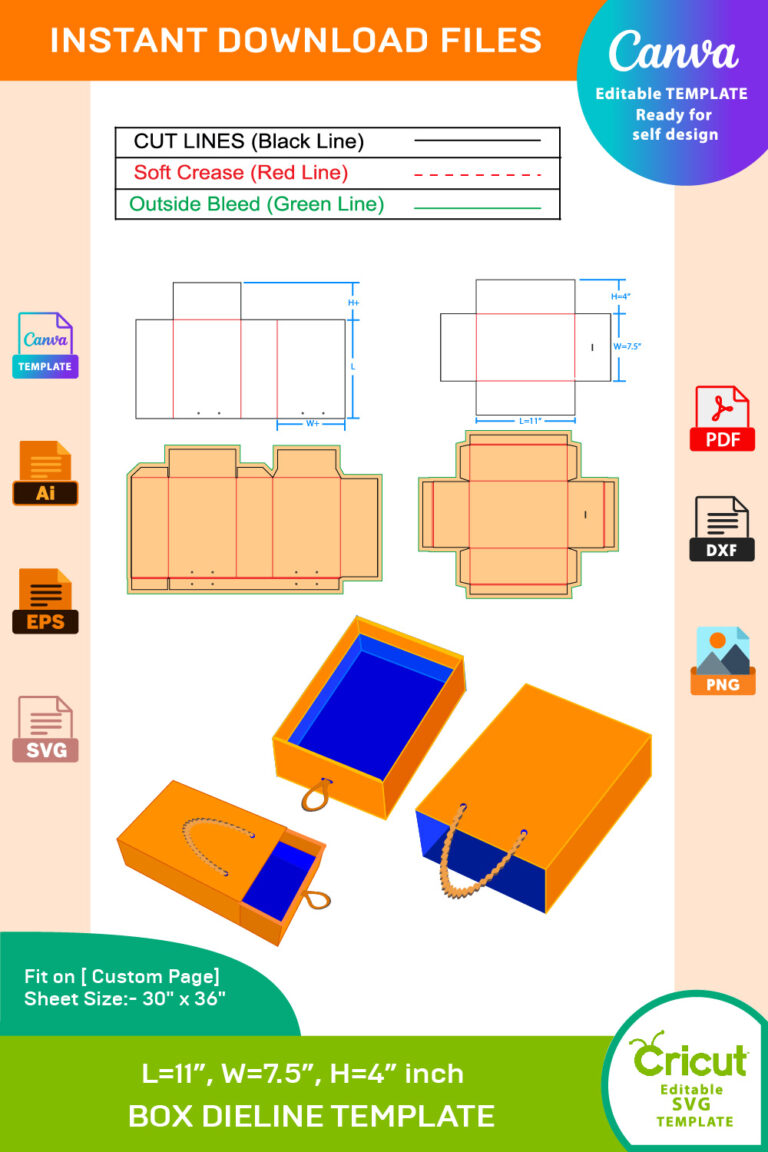 Sliding Shoe Box Small size- 11 X 7.50 X 4 Inch Dieline Template ...