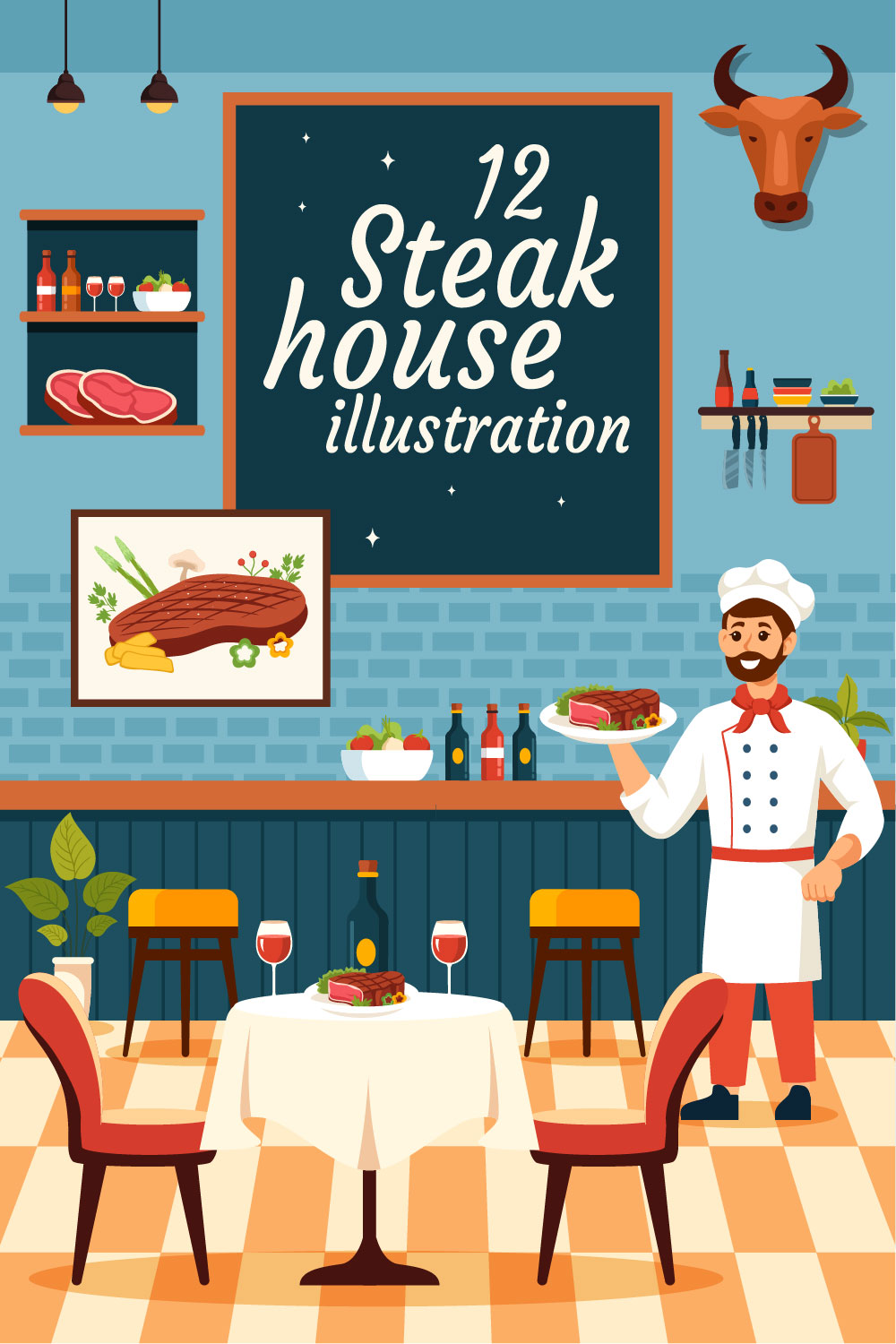 12 Steakhouse Illustration pinterest preview image.