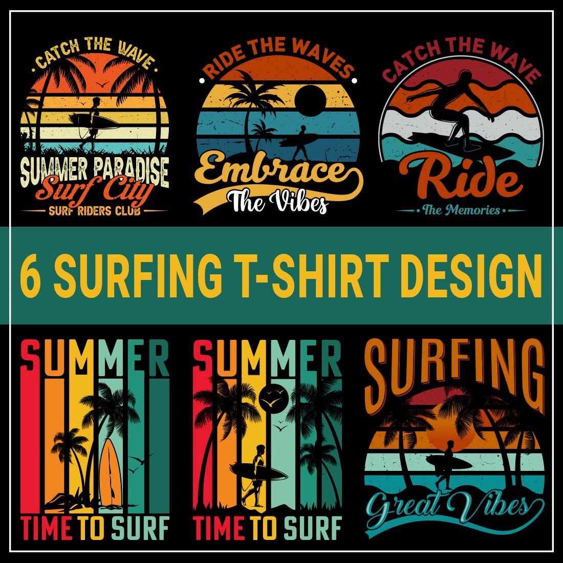 Vintage Surfing T-shirt design | Vintage Sunset | Surfing T-shirt | Sunset T-shirt preview image.