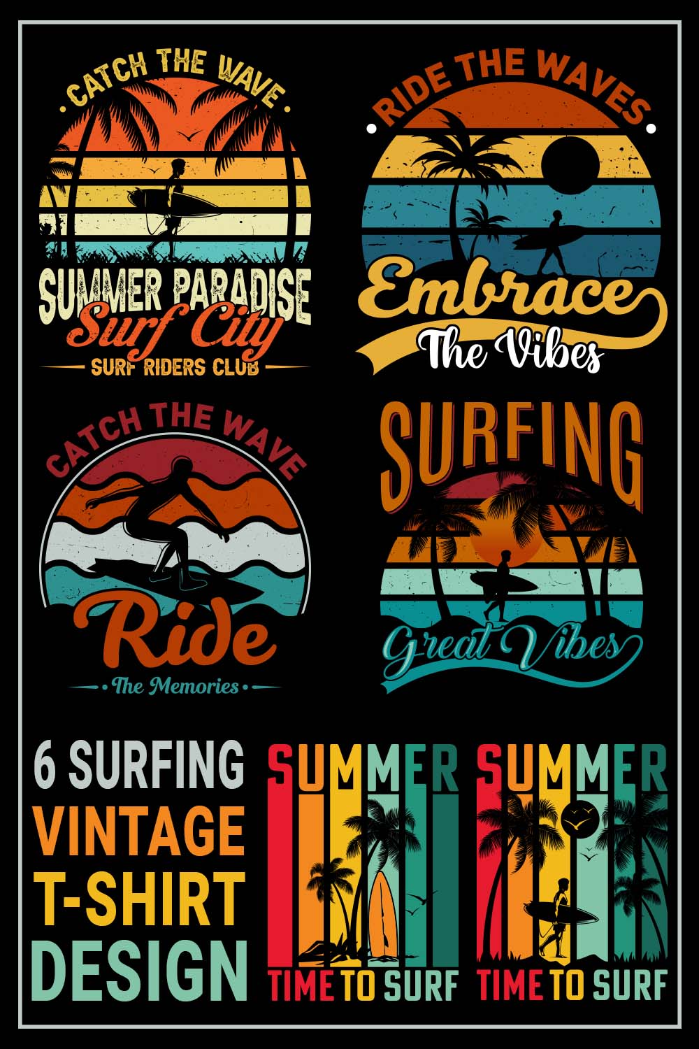 Vintage Surfing T-shirt design | Vintage Sunset | Surfing T-shirt | Sunset T-shirt pinterest preview image.