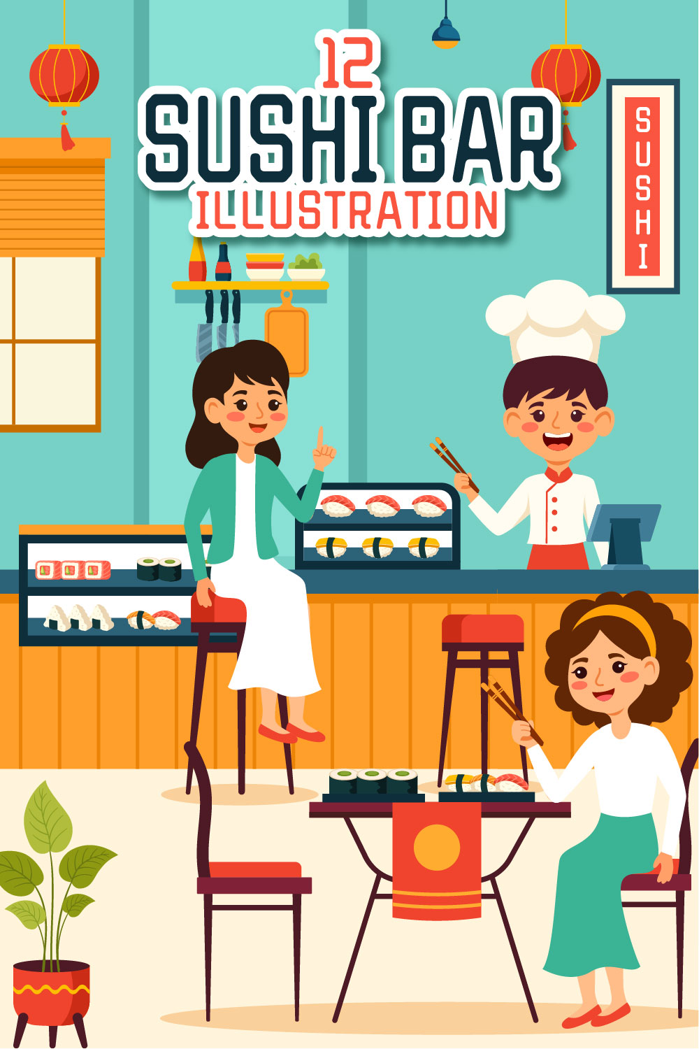 12 Sushi Bar Illustration pinterest preview image.