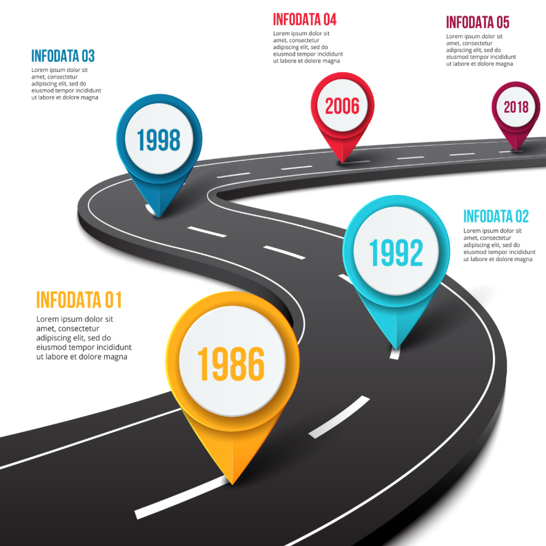 Vector road infographic with pin pointer Timeline template with 5 markers on a curved road line preview image.