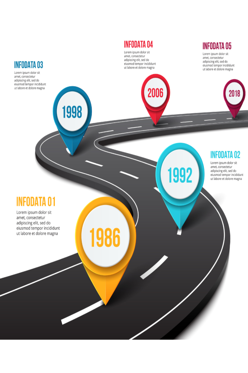 Vector road infographic with pin pointer Timeline template with 5 markers on a curved road line pinterest preview image.