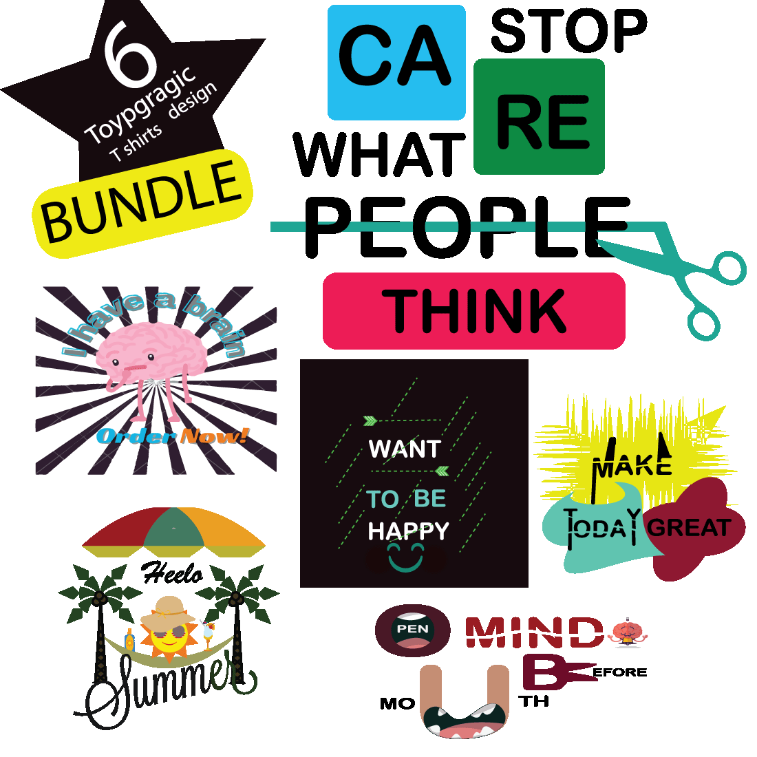 6 typographic t shirt design bundle cover image.