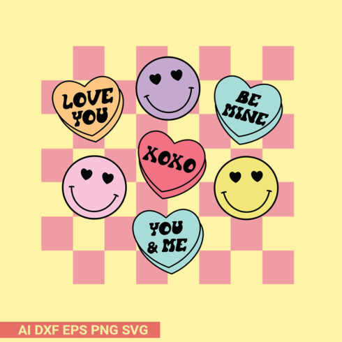 Smiley Candy Hearts svg, Retro valentines svg cover image.