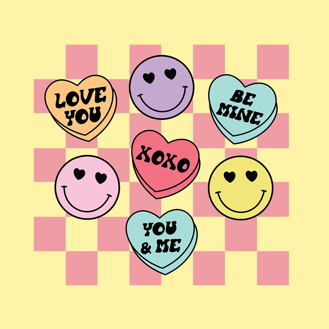 Smiley Candy Hearts svg, Retro valentines svg preview image.