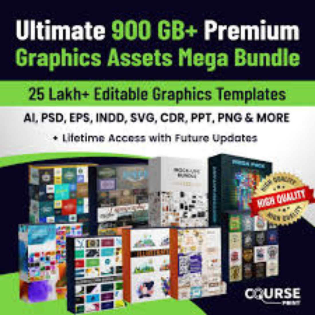 Ultimate 900GB+ Premium Graphics Assets (Templates) Mega Bundle – 25 Lakh+ Editable Graphics Suite cover image.