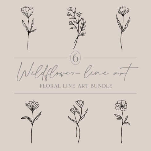 Flower Line Art Bundle | 6 Elegant Wildflowers | Botanical Floral Vector Illustration Set | Leafy Garden Nature Designs cover image.