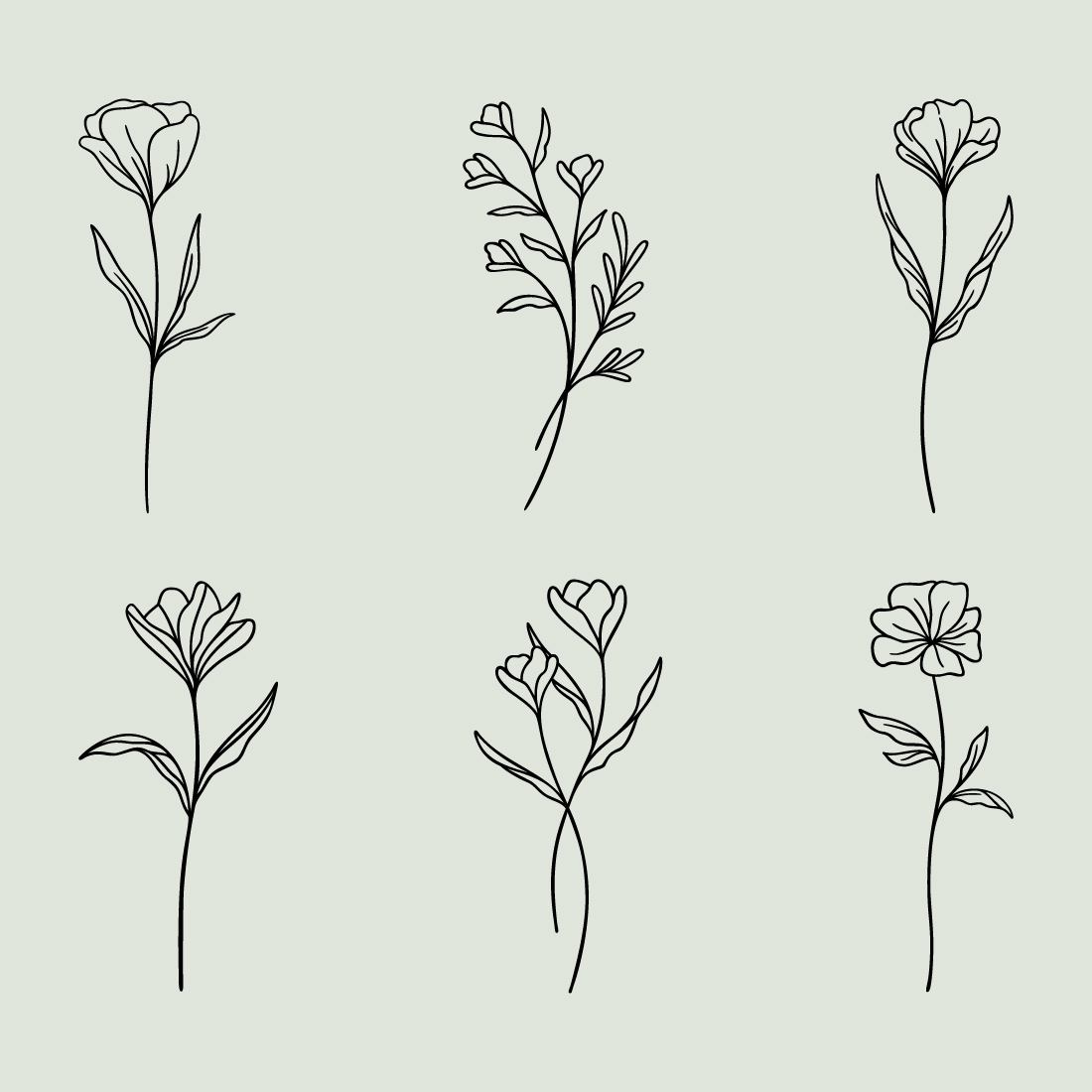 Flower Line Art Bundle | 6 Elegant Wildflowers | Botanical Floral Vector Illustration Set | Leafy Garden Nature Designs preview image.