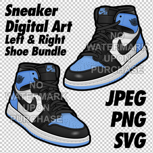 Air Jordan 1 UNC toe JPEG PNG SVG right & left shoe bundle Digital Download cover image.