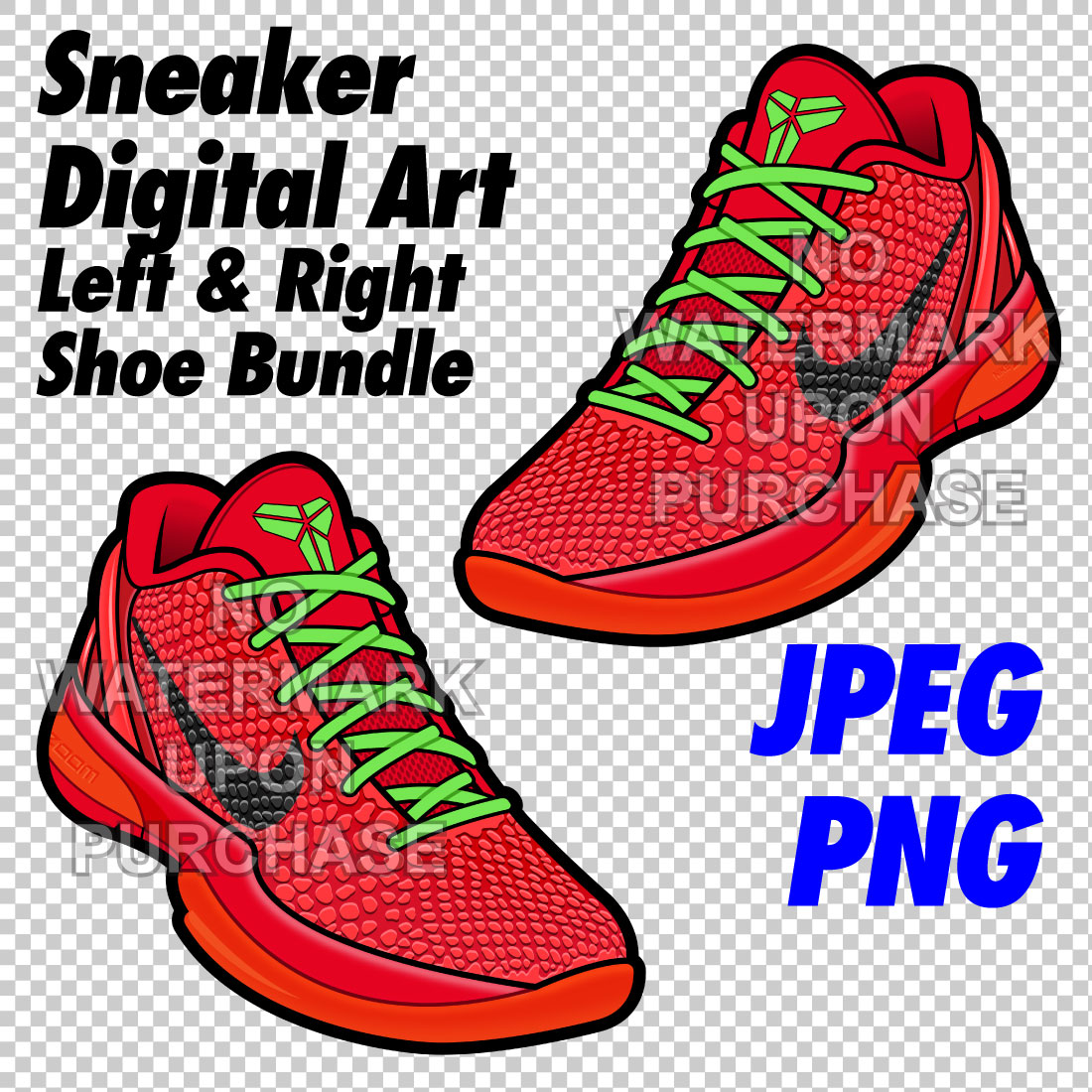 Kobe 6 Reverse Grinch JPEG PNG right & left shoe bundle sneaker art cover image.