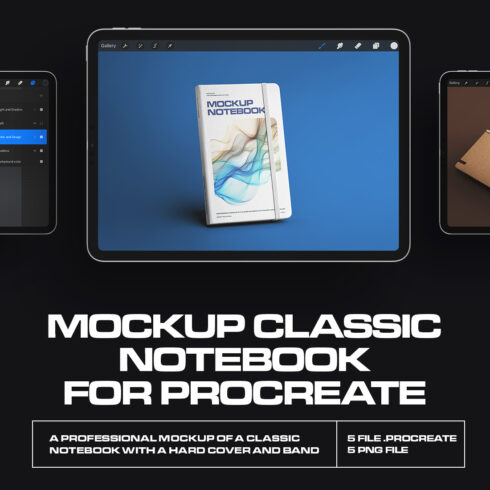 5 Mockups of Classic Notebook with Band and Hard Cover for Procreate on iPad cover image.