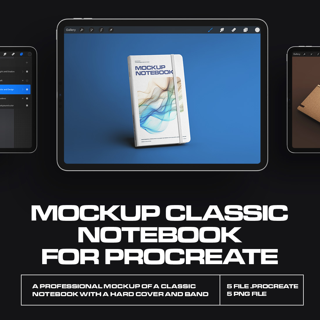 5 Mockups of Classic Notebook with Band and Hard Cover for Procreate on iPad cover image.