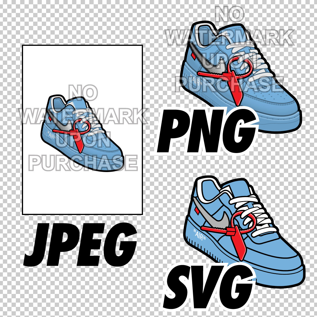 Air Force 1 Off White MCA University Blue Left & Right shoe bundle JPEG PNG SVG digital download preview image.